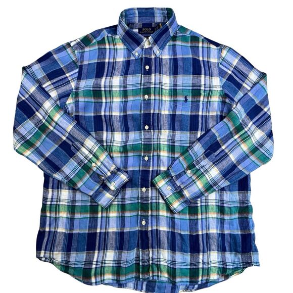 Polo Ralph Lauren Linen Shirt XL Blue Green Plaid Classic Preppy Beach Preppy - Picture 2 of 11